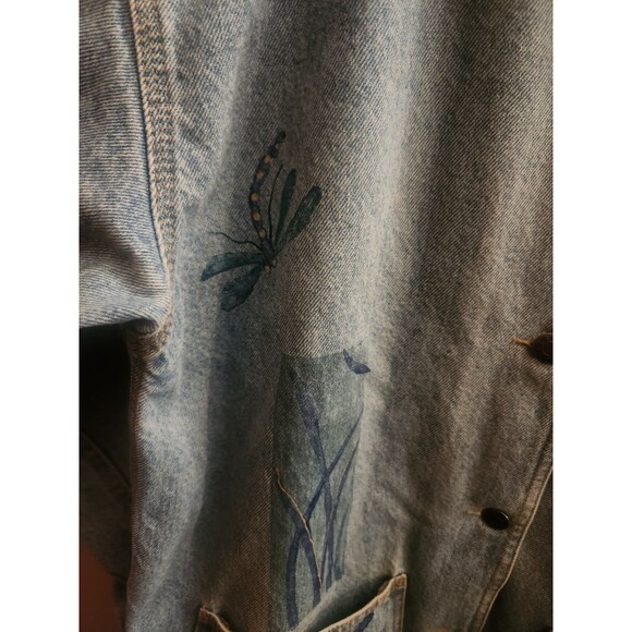 Vintage Adobe Designs Denim Jean Jacket Artsy Turtle Fish Rust Collared Size M - Picture 3 of 10